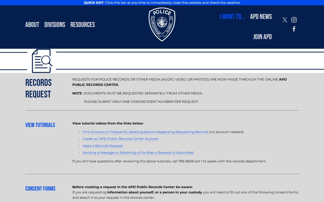 Anchorage police blotter records request portal at APD Public Records Center