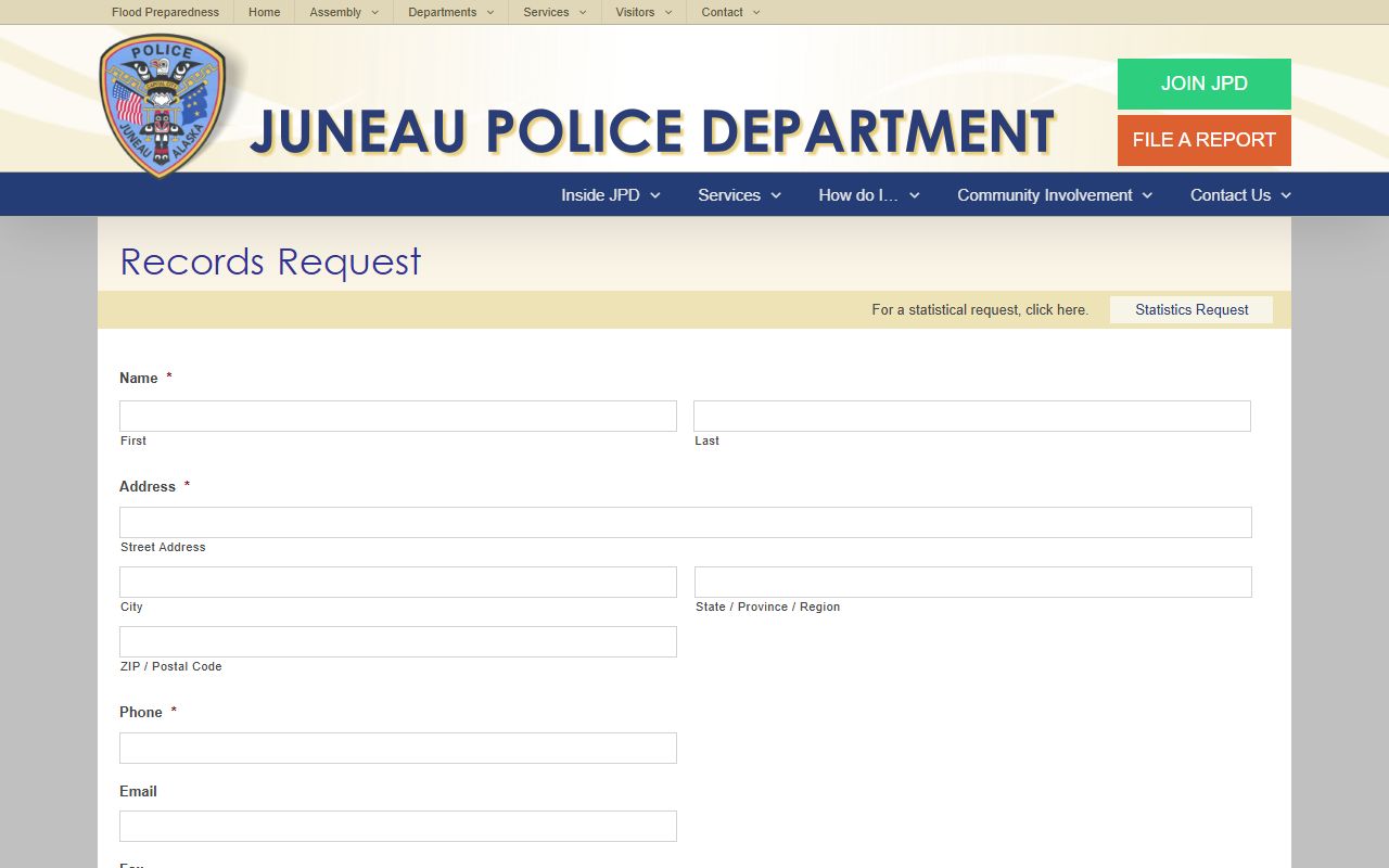 Juneau City and Borough police blotter records request page at Juneau Police Department