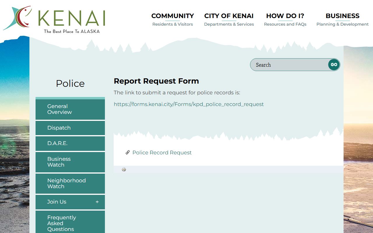 Kenai Peninsula Borough police blotter records request form at Kenai Police Department