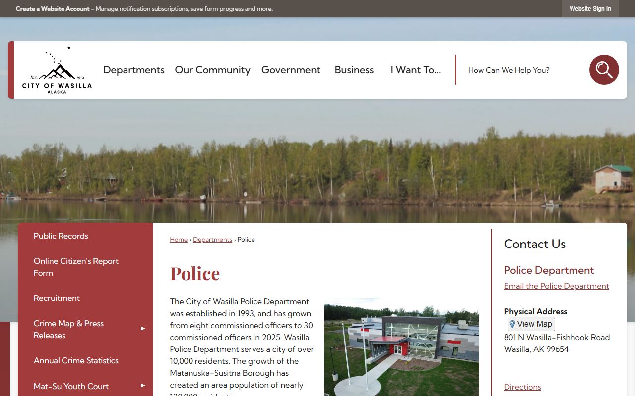 Wasilla Police Department page for Mat-Su Borough police blotter and records access