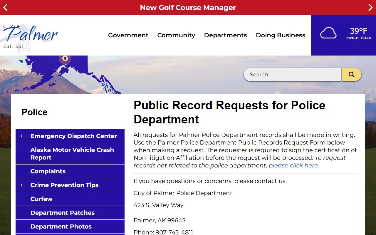Palmer Police Department public records request page for Mat-Su Borough police blotter