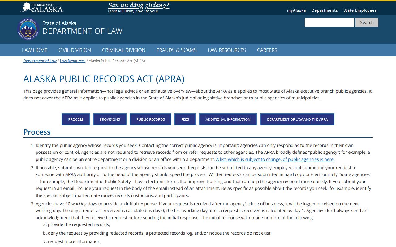 Alaska Public Records Act APRA information page