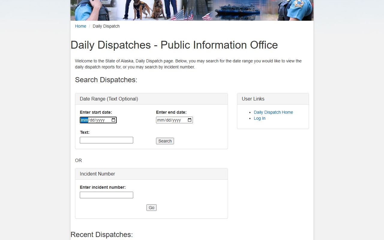 Alaska DPS Daily Dispatch police blotter search portal