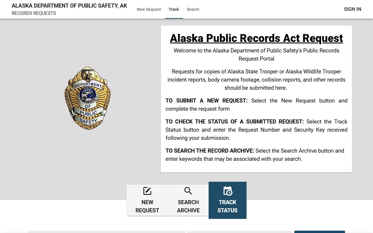 Alaska DPS JustFOIA records request portal